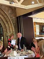 President Sue gives our cheque to her charity of the year Remap at our Charity Lunch at Nutters May 2018